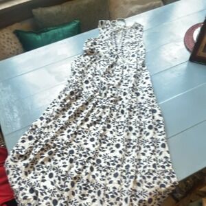 Max Studio London Ivory Blue Floral Sleeveless V-Neck Tie Maxi Dress Size S